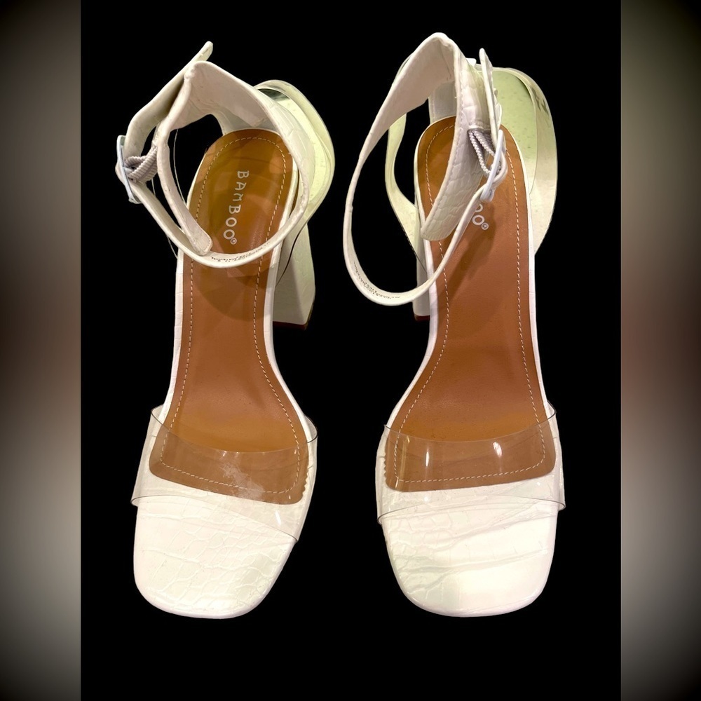 White open toed sandals with clear top, and snake embossed white leather size 9